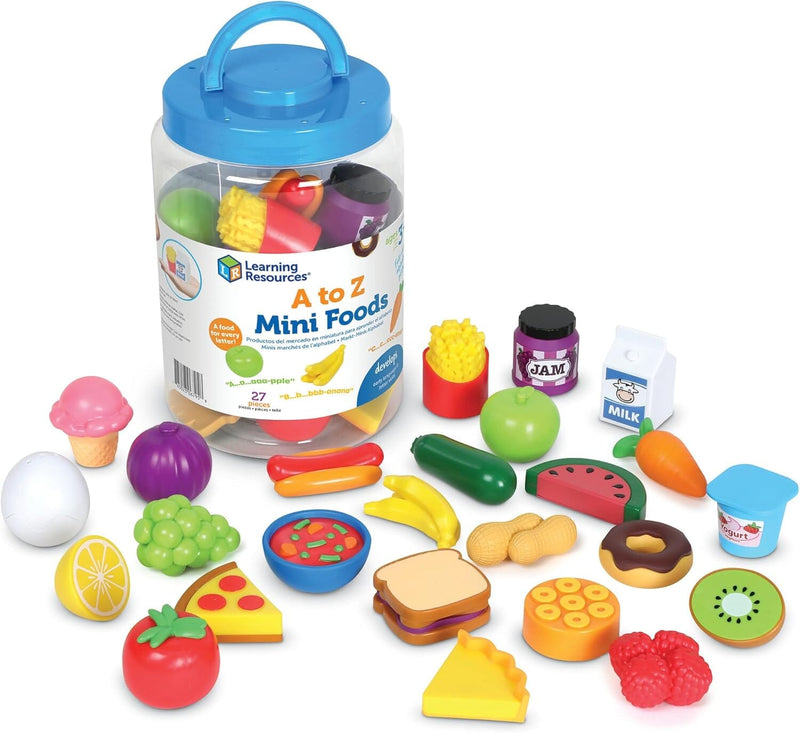 Learning Resources A to Z 26 Mini Alphabet Foods, Storage Bucket & Guide!: Play Kitchen, Pretend Play, Preschool Toys - Ages 3+ - Educational Toy 3-5 Learning Resources
