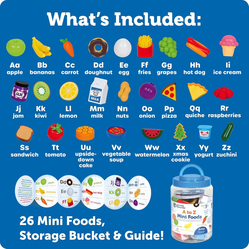 Learning Resources A to Z 26 Mini Alphabet Foods, Storage Bucket & Guide!: Play Kitchen, Pretend Play, Preschool Toys - Ages 3+ - Educational Toy 3-5 Learning Resources