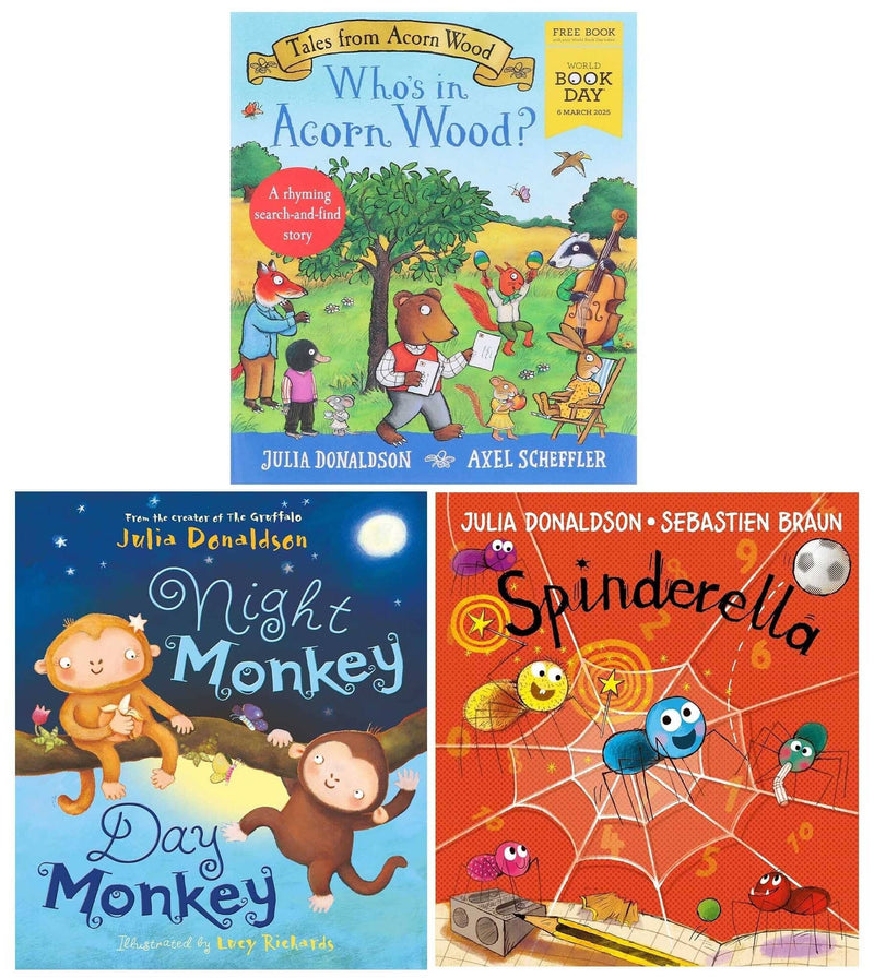 Spinderella, Night Monkey Day Monkey & Who's in Acorn Wood? Mini Book By Julia Donaldson 3 Books Collection Set – Ages 3+ - Paperback 0-5 Various