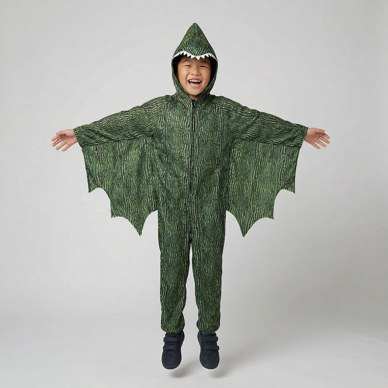 Smiffys Pterodactyl Dinosaur Costume, Green with Hooded Jumpsuit & Attached Wings, Children's Animal Fancy Dress, Animal Dress Up Costumes 3-5 Smiffys