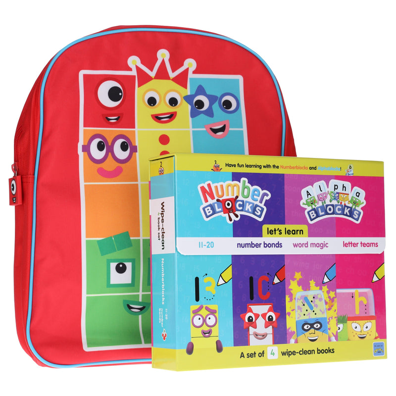 Numberblocks And Alphablocks Wipe Clean 4 Books & Numberblocks Red Backpack - Ages 1-7 - Board Book 5-7 Sweet Cherry Publishing