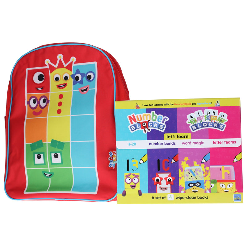 Numberblocks And Alphablocks Wipe Clean 4 Books & Numberblocks Red Backpack - Ages 1-7 - Board Book 5-7 Sweet Cherry Publishing