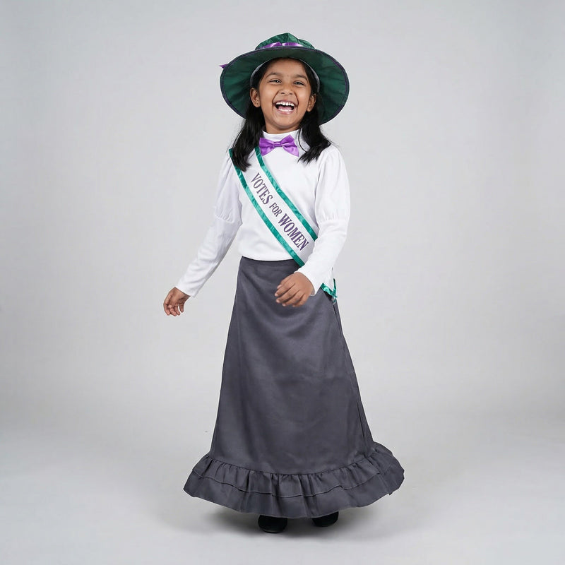 Smiffys Victorian Suffragette Costume, Grey with Skirt, Attached Blouse, Sash & Hat, Girls Fancy Dress, Child Dress Up Costumes 3-5 Smiffys