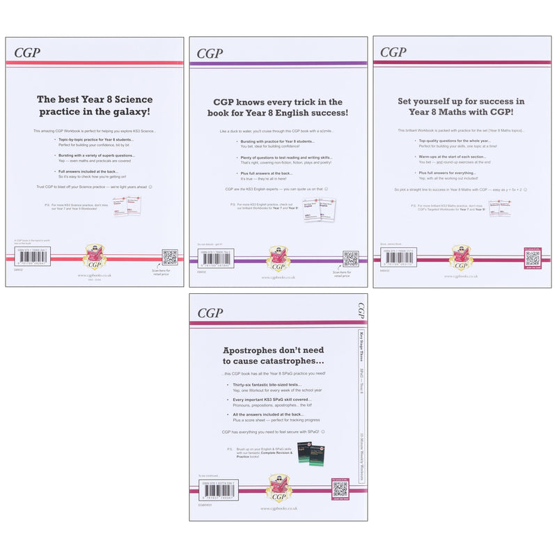 CGP KS3 (Year 8) Targeted Workbook Bundle (Includes Answers) 4 Books Collection Set - Paperback 9-14 Coordination Group Publications Ltd (CGP)