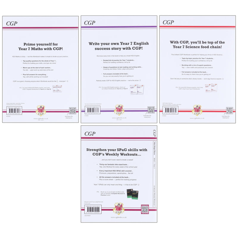 CGP KS3 (Year 7) Targeted Workbook Bundle (Includes Answers) 4 Books Collection Set - Paperback 9-14 Coordination Group Publications Ltd (CGP)