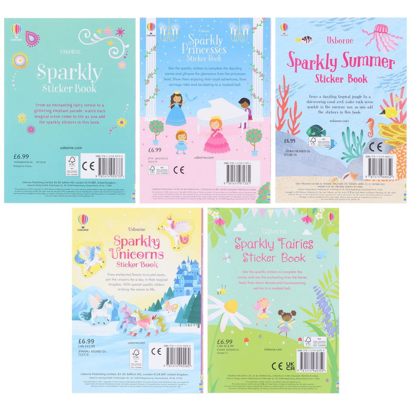 Usborne Sparkly Stickers (Summer, Fairies, Unicorns, Princesses & Sparkly Sticker) 5 Books Collection Set - Ages 3-6 - Paperback 0-5 Usborne Publishing Ltd