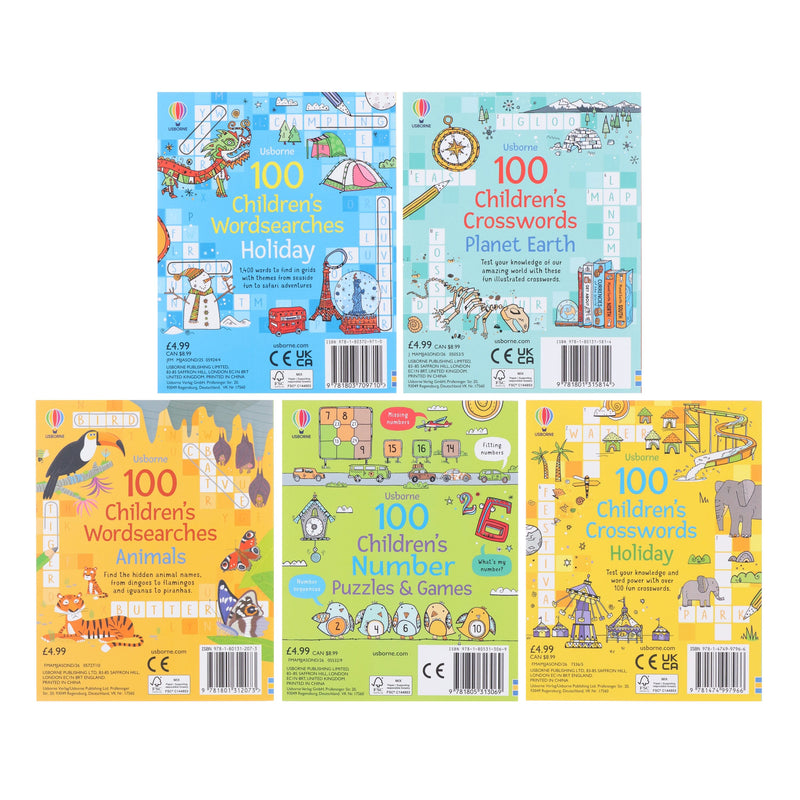 Usborne: 100 Children's Puzzles, Crosswords & Wordsearches by Phillip Clarke 5 books Collection Set - Ages 7+ - Paperback 7-9 Usborne Publishing Ltd