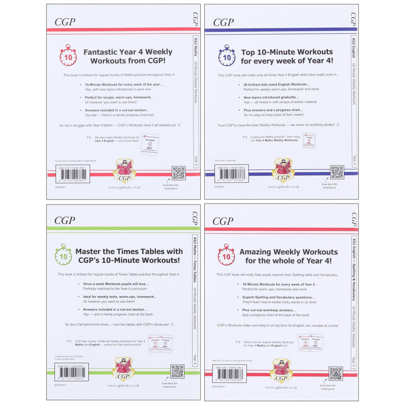 CGP KS2 (Year 4) 10-Minute Weekly Workouts Collection 4 Books Set - Ages 7-11 - Paperback 7-9 Coordination Group Publications Ltd (CGP)
