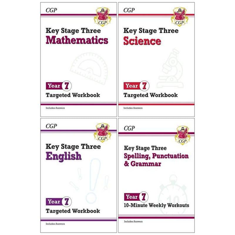 CGP KS3 Year 7 Targeted Workbook Bundle (Includes Answers) 4 Books Collection Set - Paperback 9-14 Coordination Group Publications Ltd (CGP)
