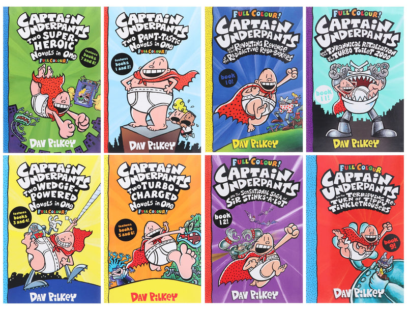 Captain Underpants Full Colour Illustrated Series (Book 1-12) by Dav Pilkey: 8 Books Collection Set - Ages 7-11 - Paperback