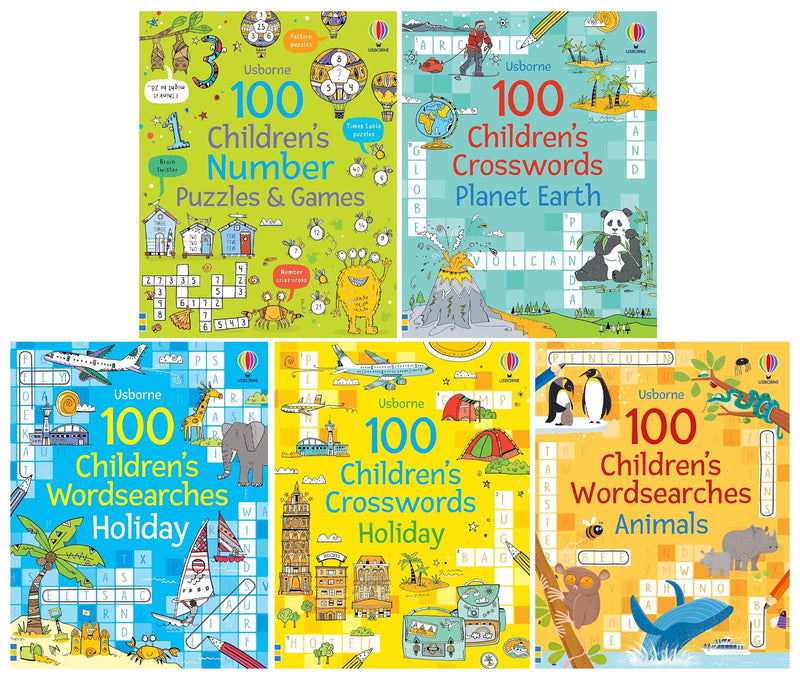 Usborne: 100 Children's Puzzles, Crosswords & Wordsearches by Phillip Clarke 5 books Collection Set - Ages 7+ - Paperback 7-9 Usborne Publishing Ltd
