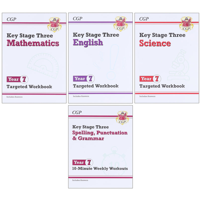 CGP KS3 (Year 7) Targeted Workbook Bundle (Includes Answers) 4 Books Collection Set - Paperback 9-14 Coordination Group Publications Ltd (CGP)