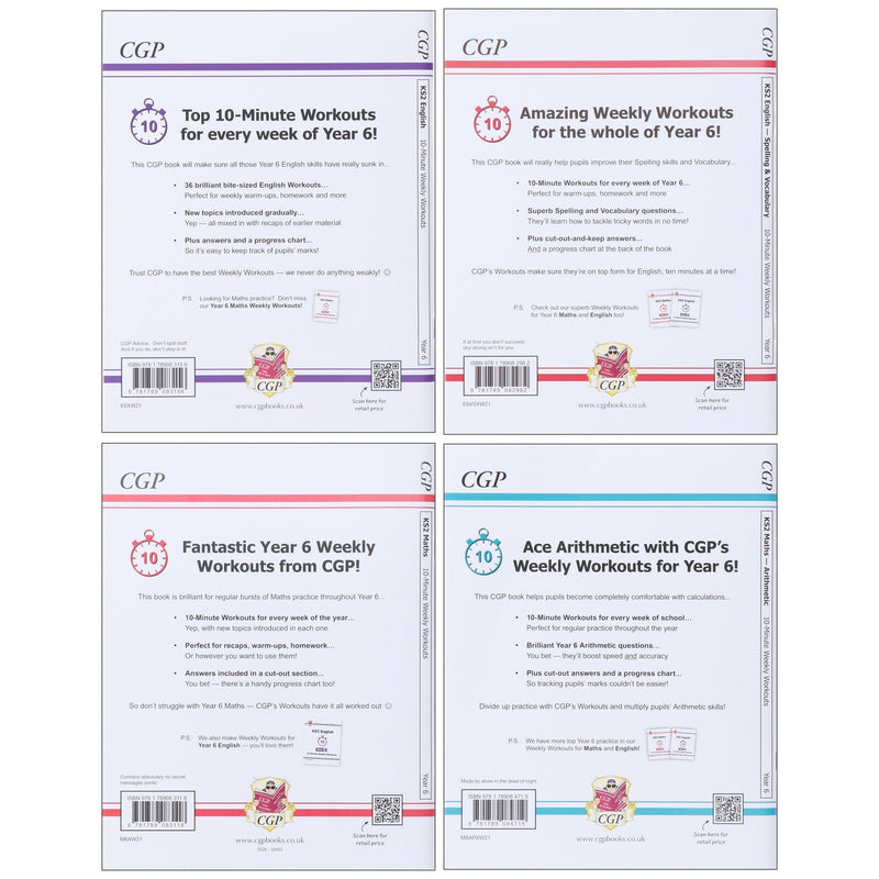 CGP KS2 (Year 6) 10-Minute Weekly Workouts Collection 4 Books Set - Paperback 7-9 Coordination Group Publications Ltd (CGP)