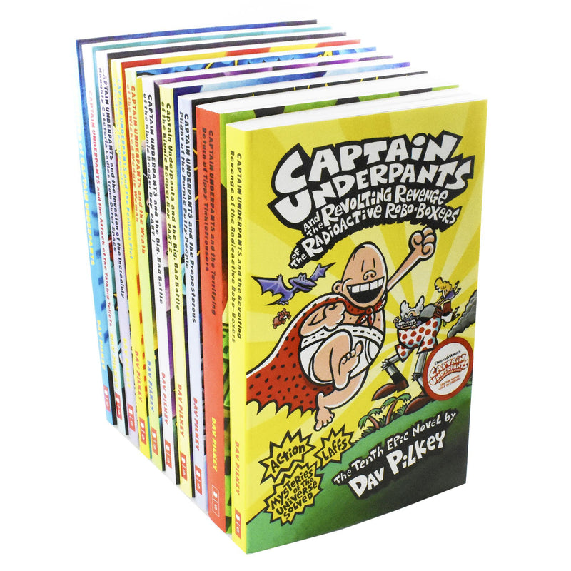 Captain Underpants 10 Book Set - Ages 7-9 - Paperback - Dav Pilkey 7-9 Scholastic