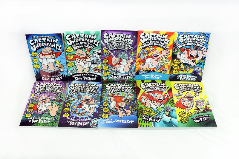 Captain Underpants 10 Book Set - Ages 7-9 - Paperback - Dav Pilkey 7-9 Scholastic