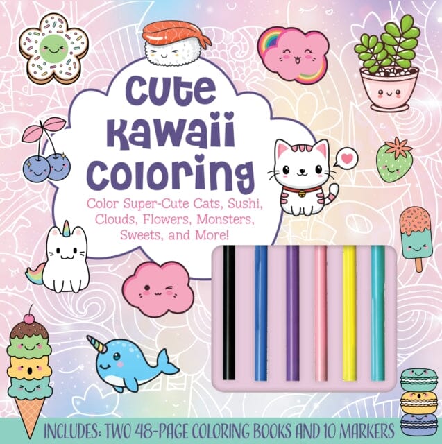Cute Kawaii Coloring Kit : Color Super-Cute Cats, Sushi, Clouds, Flowers, Monsters, Sweets, and More! Includes: Two 48-page Coloring Books and 10 Markers by Editors of Chartwell Books Extended Range Book Sales Inc