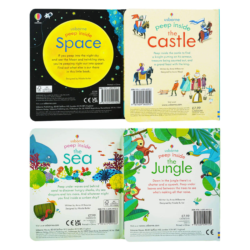 Usborne Peep Inside 4 Books Set (Space, Castle, Jungle & Sea) By Anna Milbourne - Ages 5-7 - Board Books 5-7 Usborne Publishing