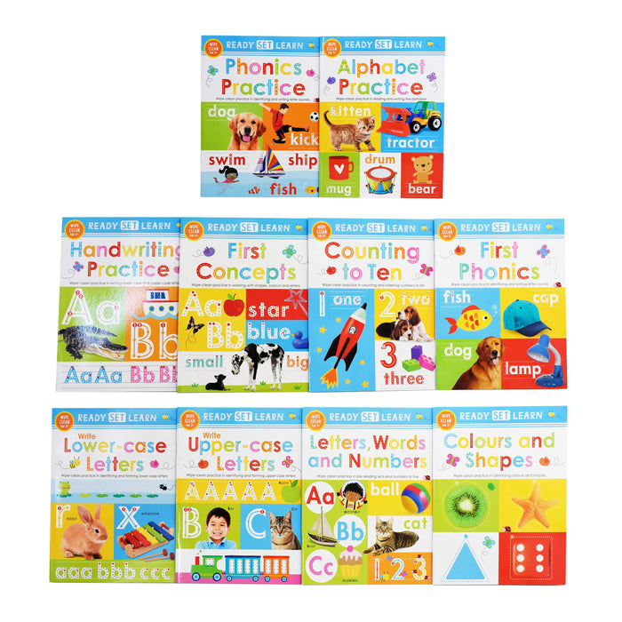 Ready Set Learn 10 Early Learning Wipe Clean Books Colours Shapes Numbers Phonics Handwriting Counting - Ages 5-7 – Paperback 5-7 Make Believe Ideas