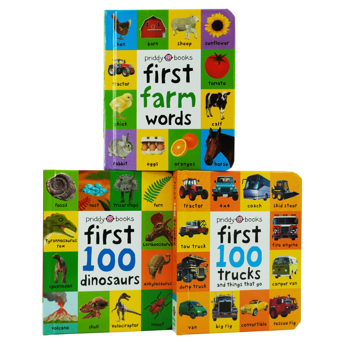 First 100 series 3 Books (Trucks, Dinosaurs & First Farm Words) Children Collection Box Set By Roger Priddy - Ages 0-5 - Board Book 0-5 Priddy Books