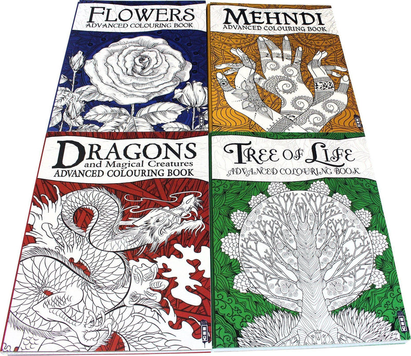 Advanced Art 4 Colouring Books Collection - Flowers, Tree, Dragons, Mehndi - Hardback - David Stewart Book House